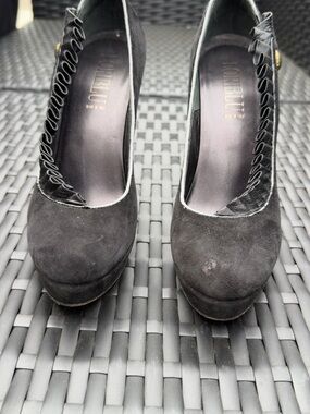 L'orneblu Black Suede Platform Pumps with Ruffle Trim